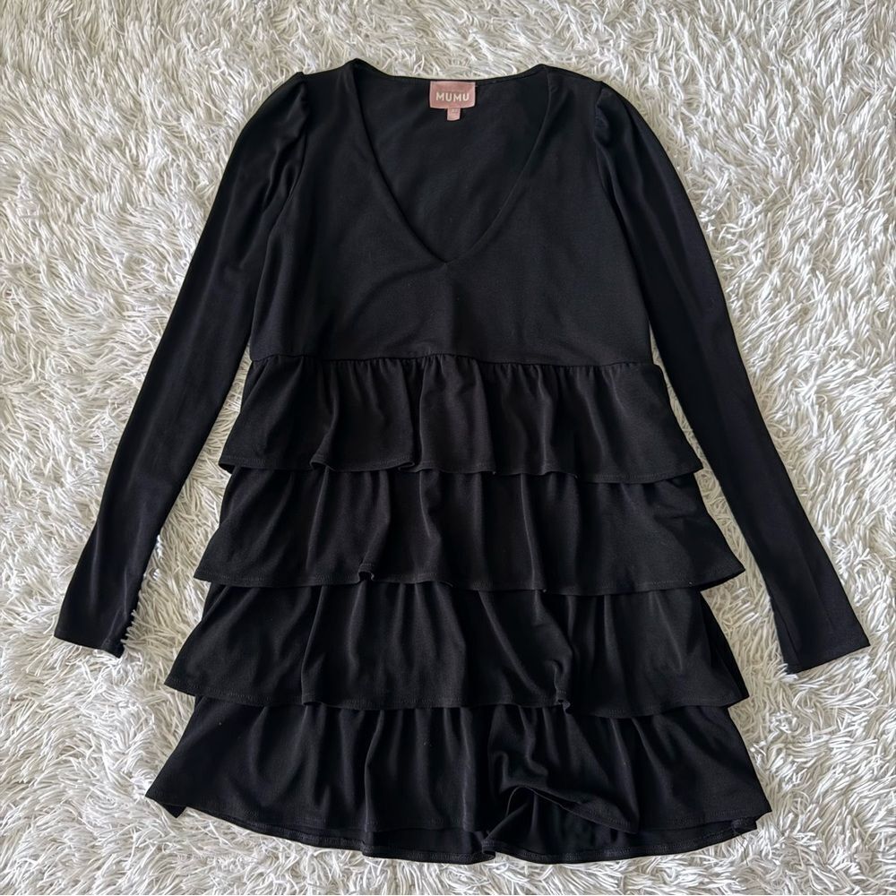 Show Me Your Mumu Top Tier Black Long Sleeve Ruffle Tier Mini Dress Size XS - Picture 4 of 6